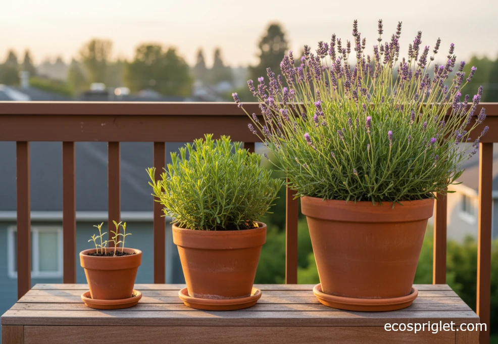 Lavender seedlings, a young plant, and a mature flowering lavender in separate pots on a balcony bench.