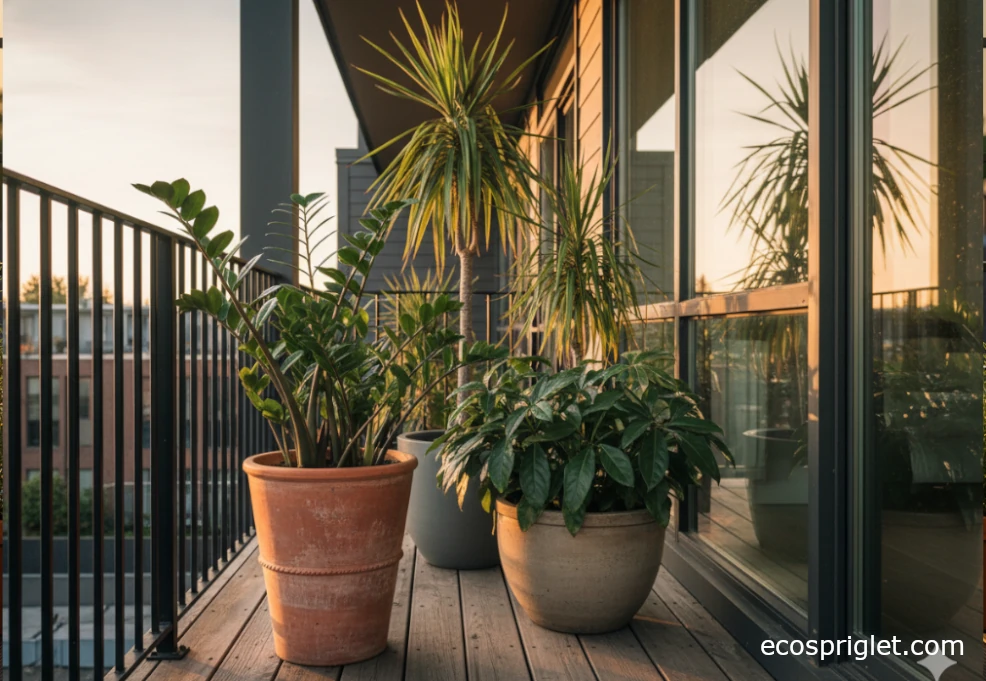 Low light indoor tree plants in terracotta pots arranged in a softly lit corner away from a window.