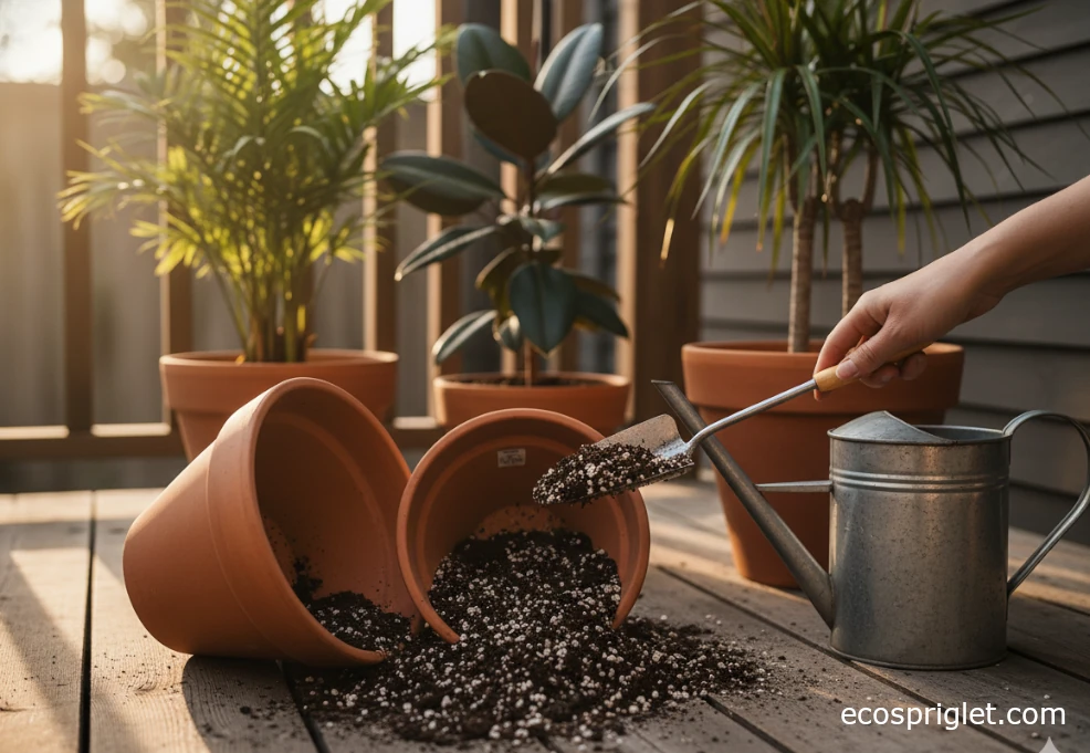 Terracotta pots with low light indoor trees and well-draining potting mix on a cozy terrace.