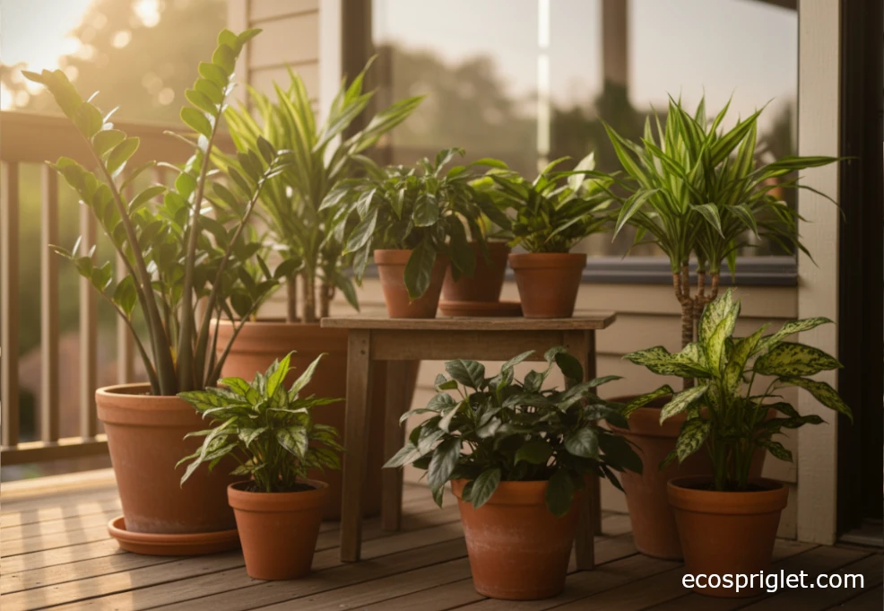 Cluster of beginner-friendly low light indoor trees in terracotta pots on a small terrace.