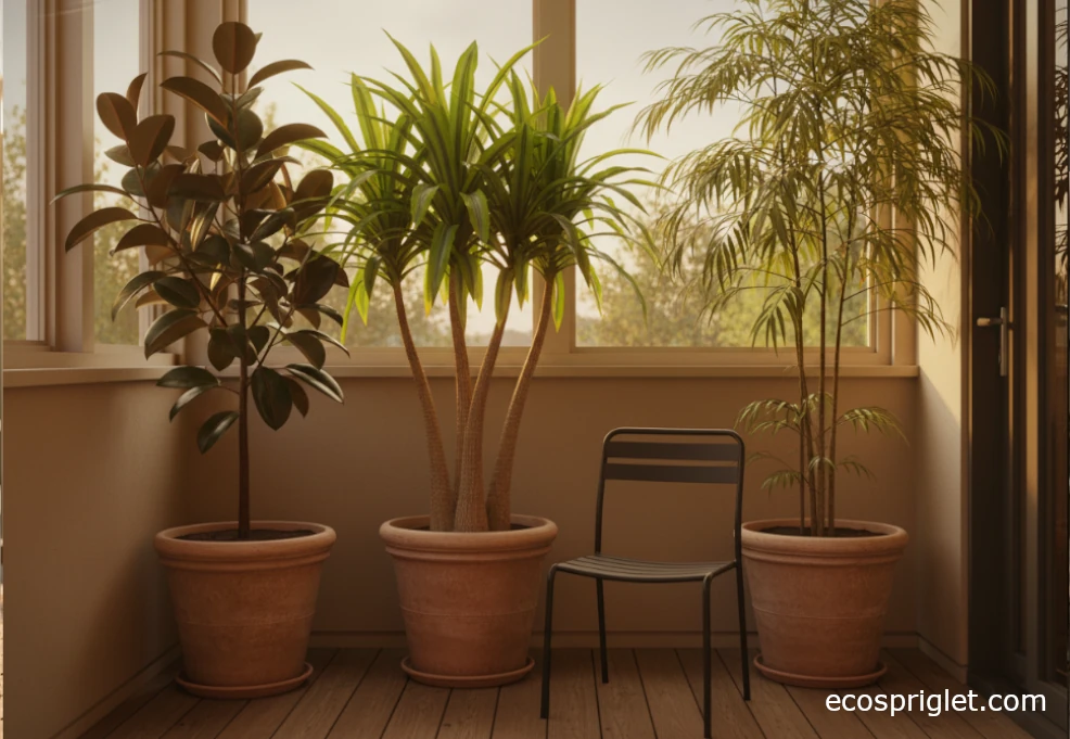 Tall low light indoor trees in terracotta pots filling a softly lit terrace corner.