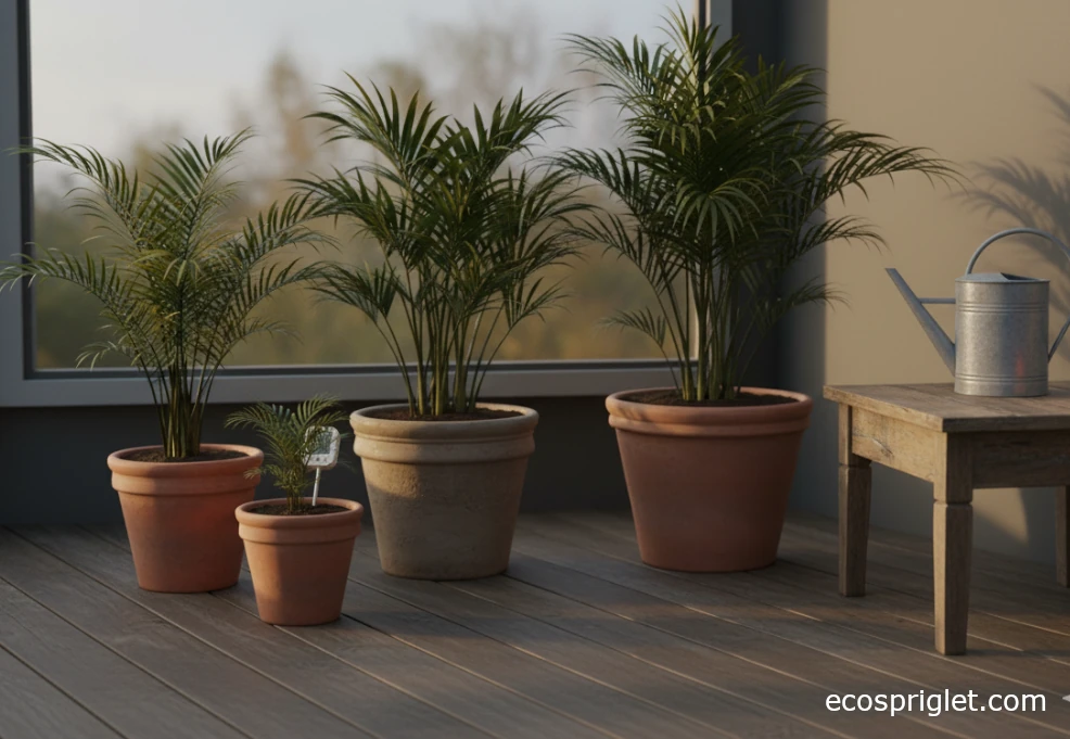 Group of low light indoor palms in terracotta pots near a shaded window.