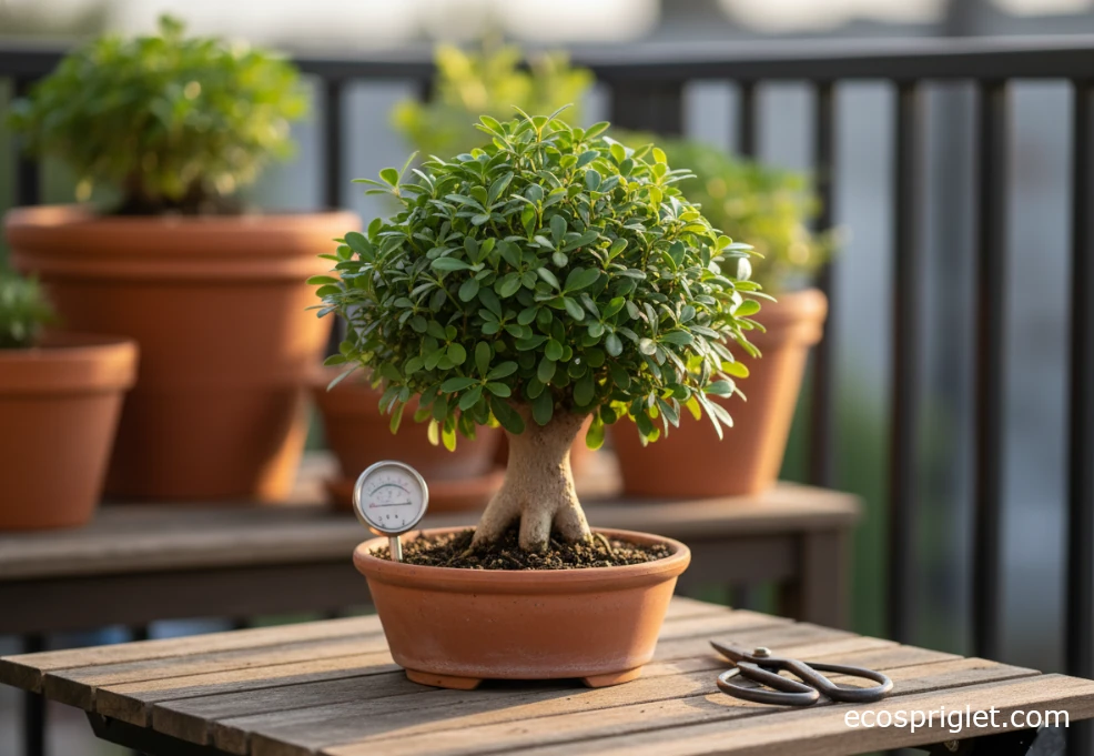 Small bonsai-style low light indoor tree in a shallow pot on a terrace table.