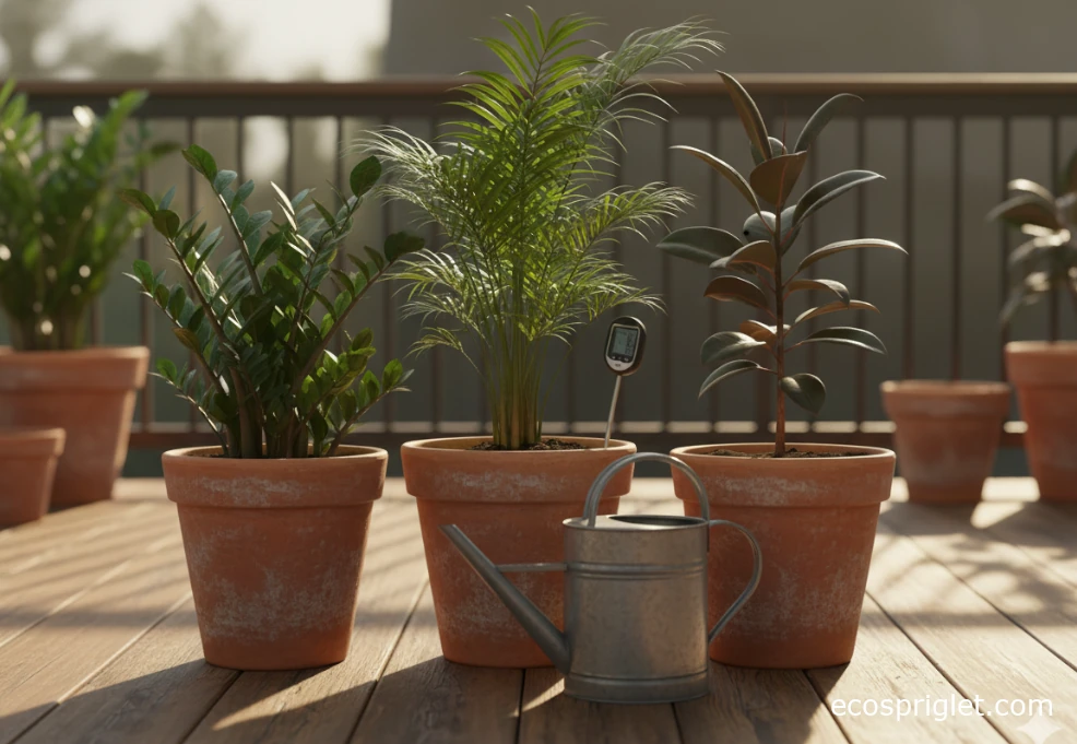 Soil moisture check and watering tools next to low light indoor trees on a terrace.