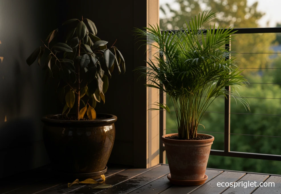 Unhealthy indoor tree in a dark corner beside a healthier palm closer to light.