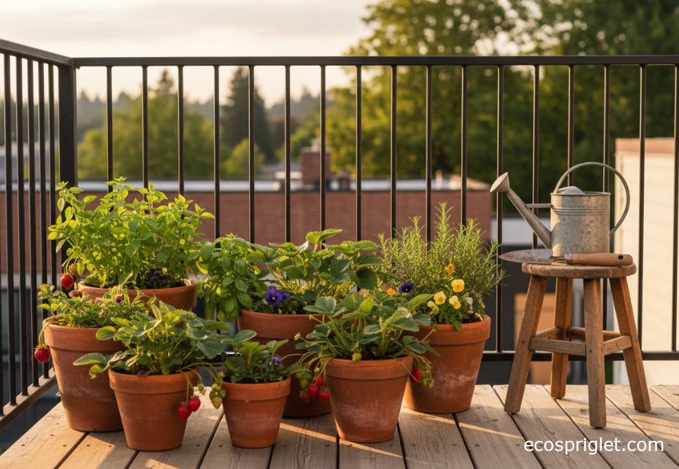 Terracotta pots of strawberry plants on a small balcony