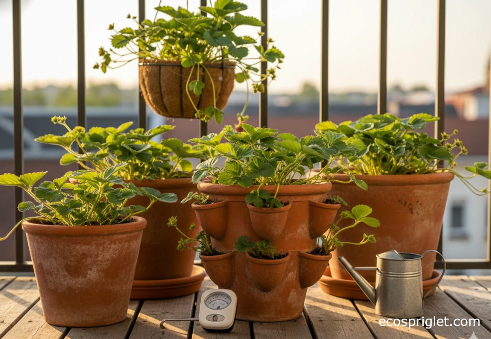 Selection of wide terracotta pots and a hanging basket filled with strawberry plants on a wooden balcony deck.