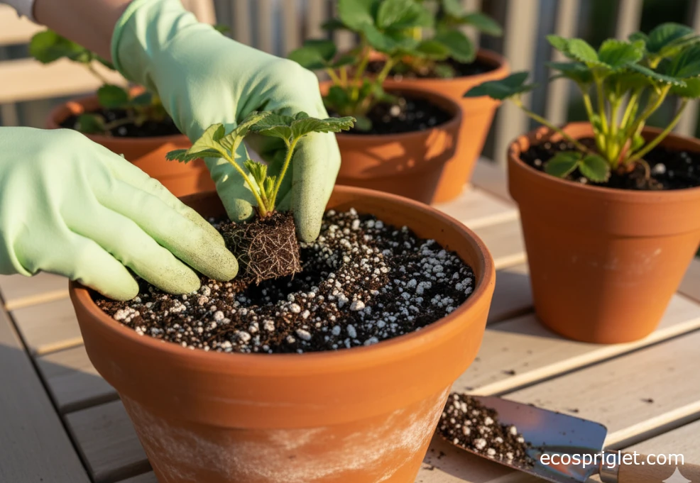 Hands wearing garden gloves planting a strawberry crown into a terracotta pot filled with dark potting mix on a balcony table