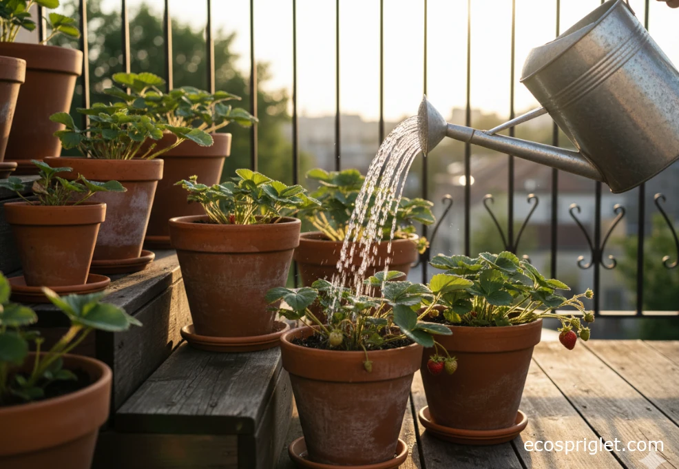 Person’s hand tilting a metal watering can to water strawberry plants in terracotta pots on a sunny balcony.