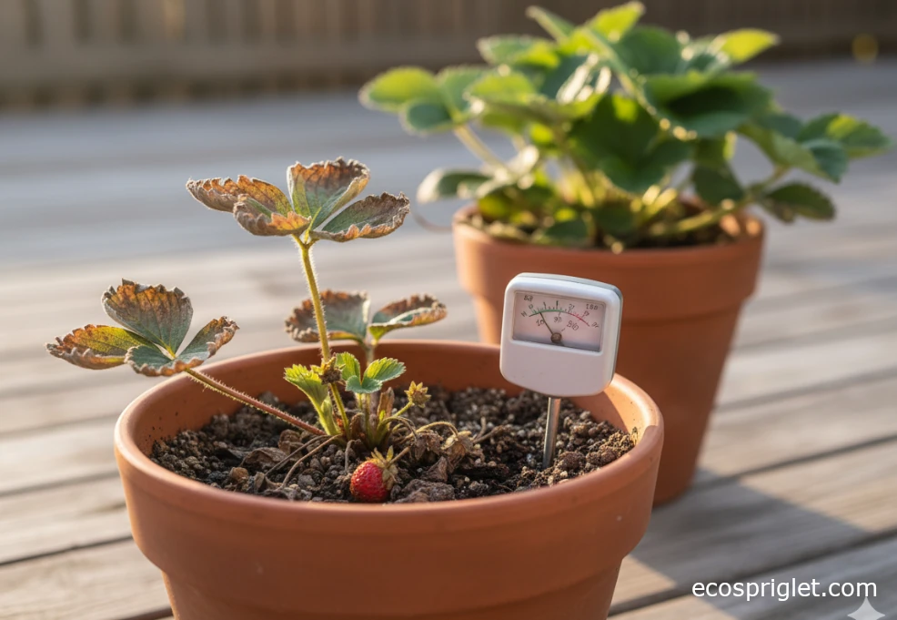 Close-up of strawberry leaves in a pot showing brown leaf edges and a few misshapen berries beside a moisture meter.