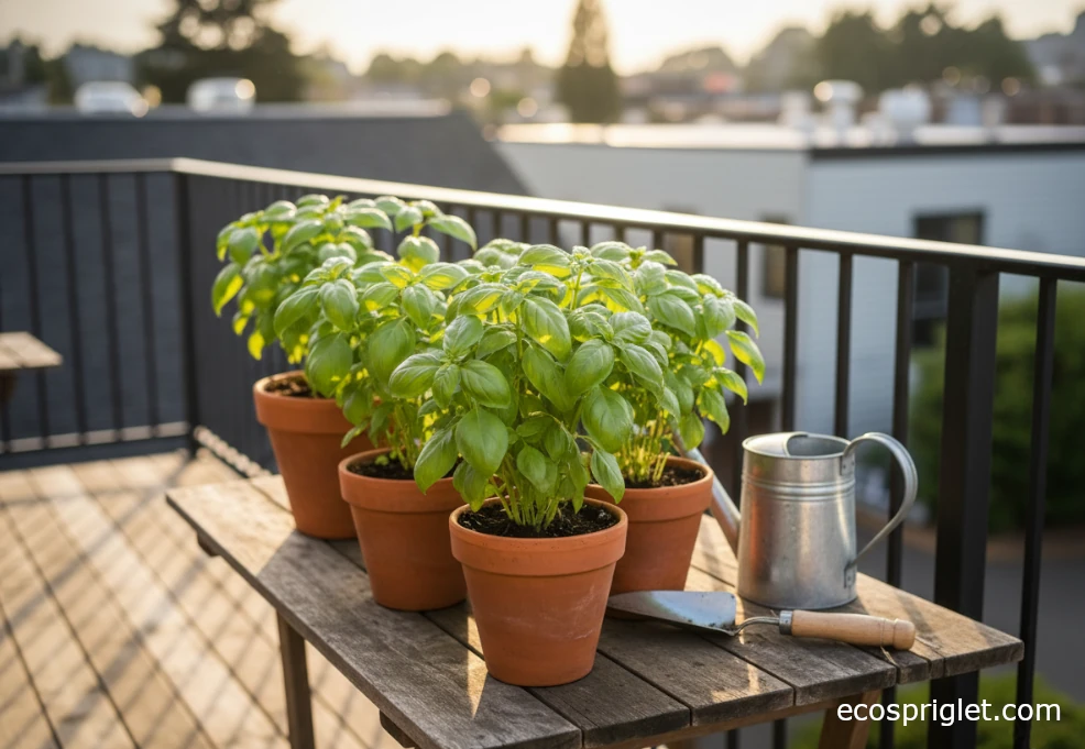 Lush sweet basil growing in terracotta pots on a small balcony table