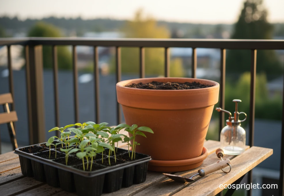 Basil seedlings next to a terracotta pot of moist potting mix on a balcony table.