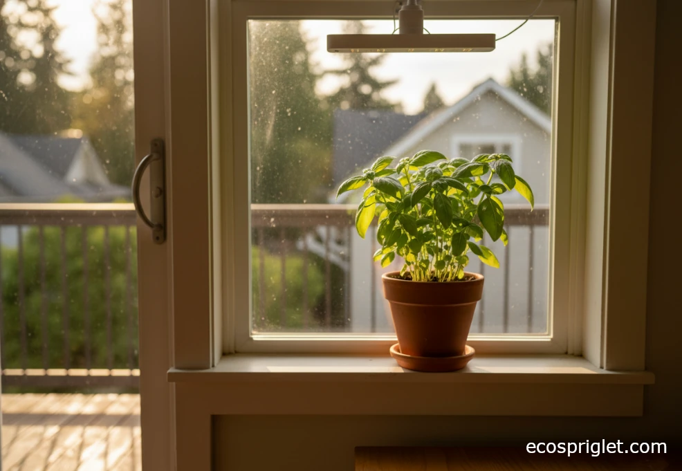 Basil growing in a terracotta pot on a bright apartment windowsill with a city view.