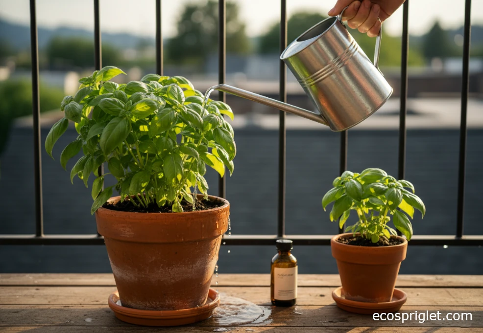 Watering a healthy basil plant in a terracotta pot on a wooden balcony deck.