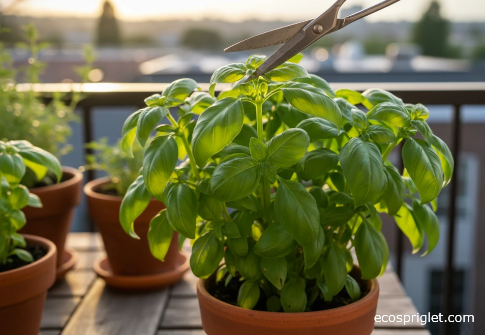 Close-up of basil being pruned above a leaf pair in a pot on a balcony table.