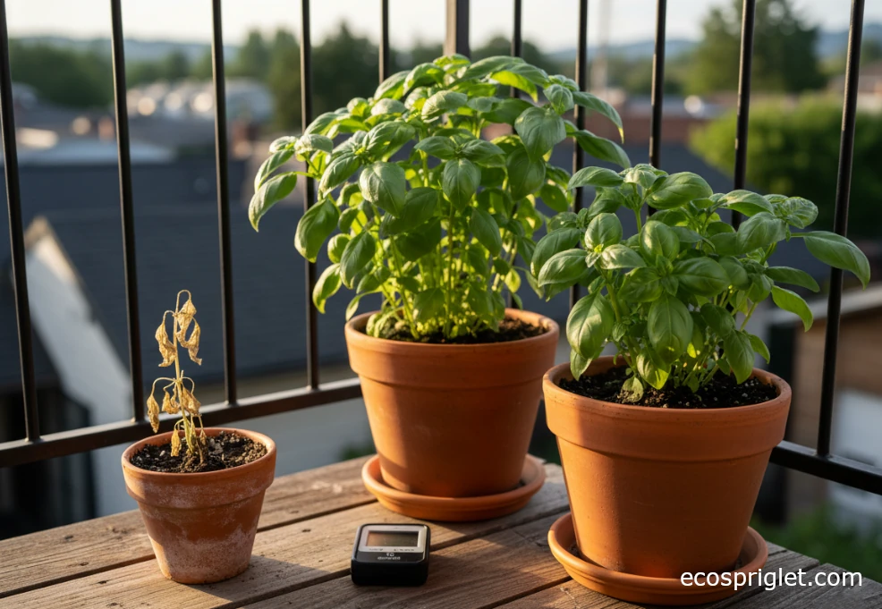 Comparison of wilted basil in a tiny pot and healthy basil in larger pots on a balcony.