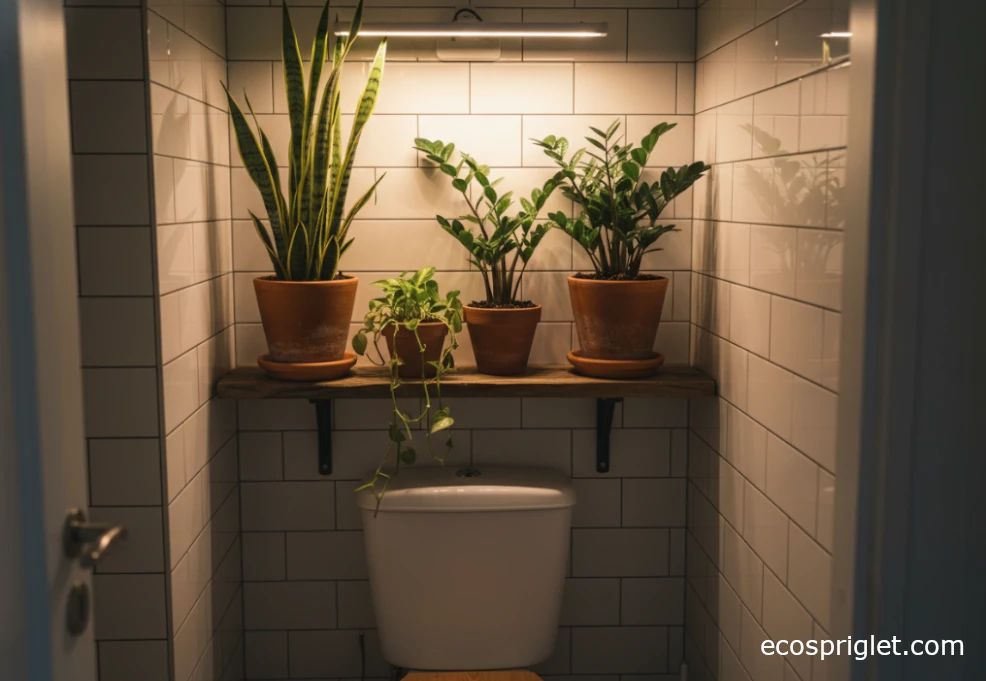 Low-light bathroom plants in terracotta pots on a shelf under a small LED grow light in a windowless white-tiled bathroom.