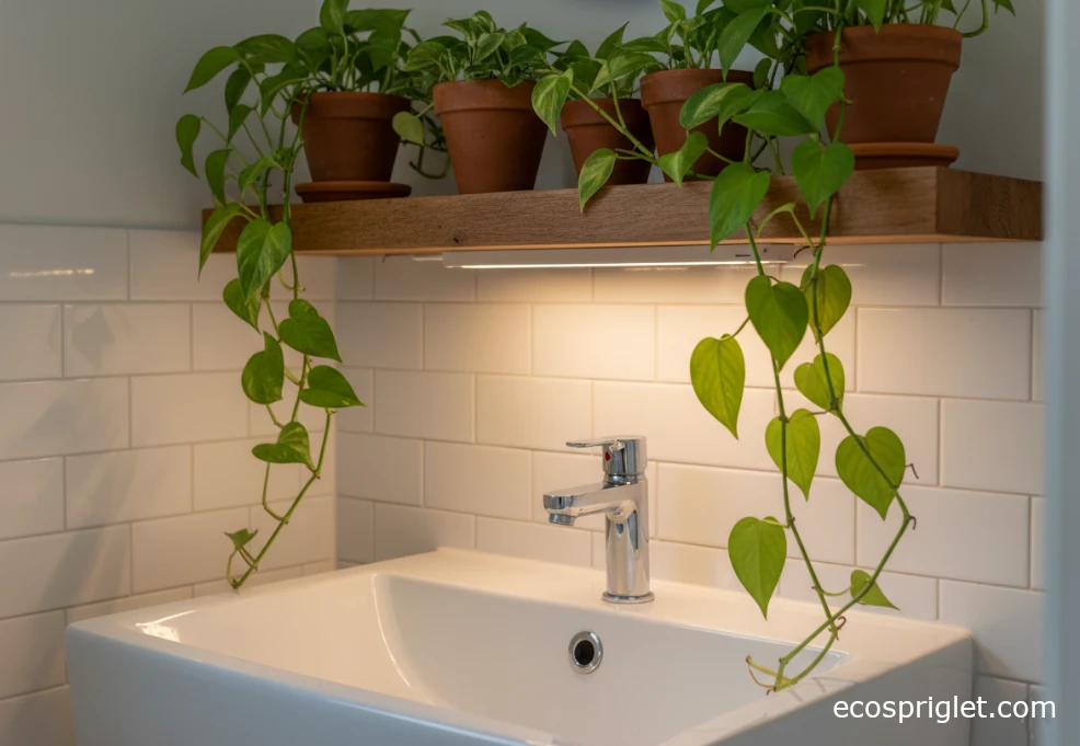 Pothos and heartleaf philodendron trailing from a bathroom shelf under an LED grow light.