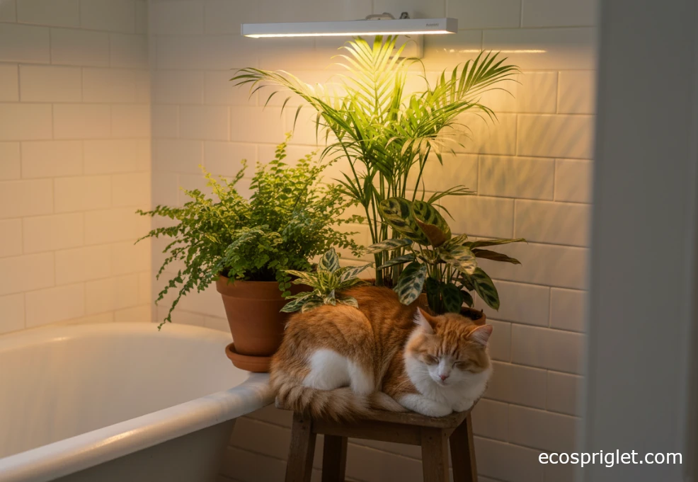 Pet-safe plants including a Boston fern, parlor palm, and calathea under a grow light in a small bathroom.
