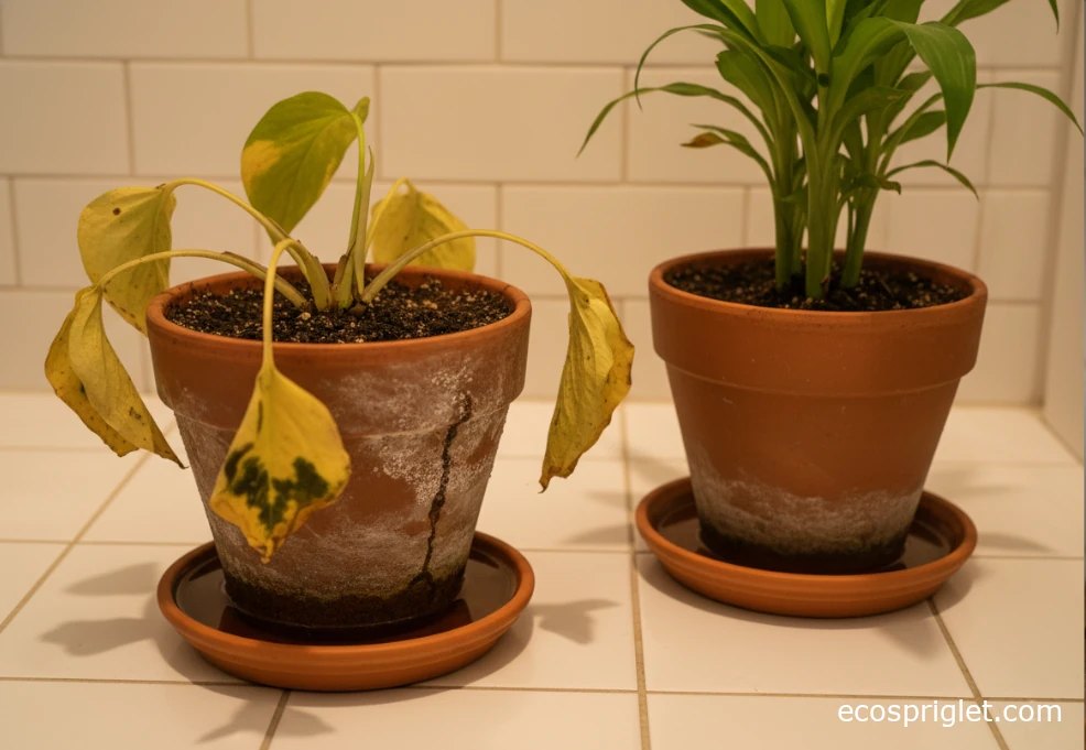 Overwatered bathroom plant with yellowing leaves and water sitting in the saucer beside a healthier plant.