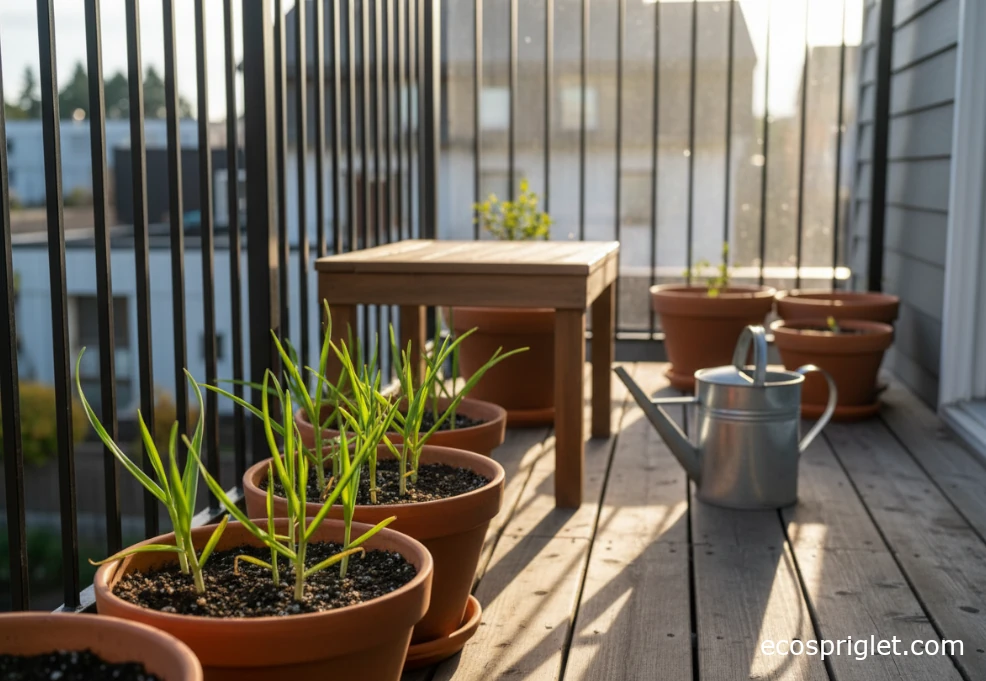 Garlic plants in terracotta pots on a small terrace table with green shoots.