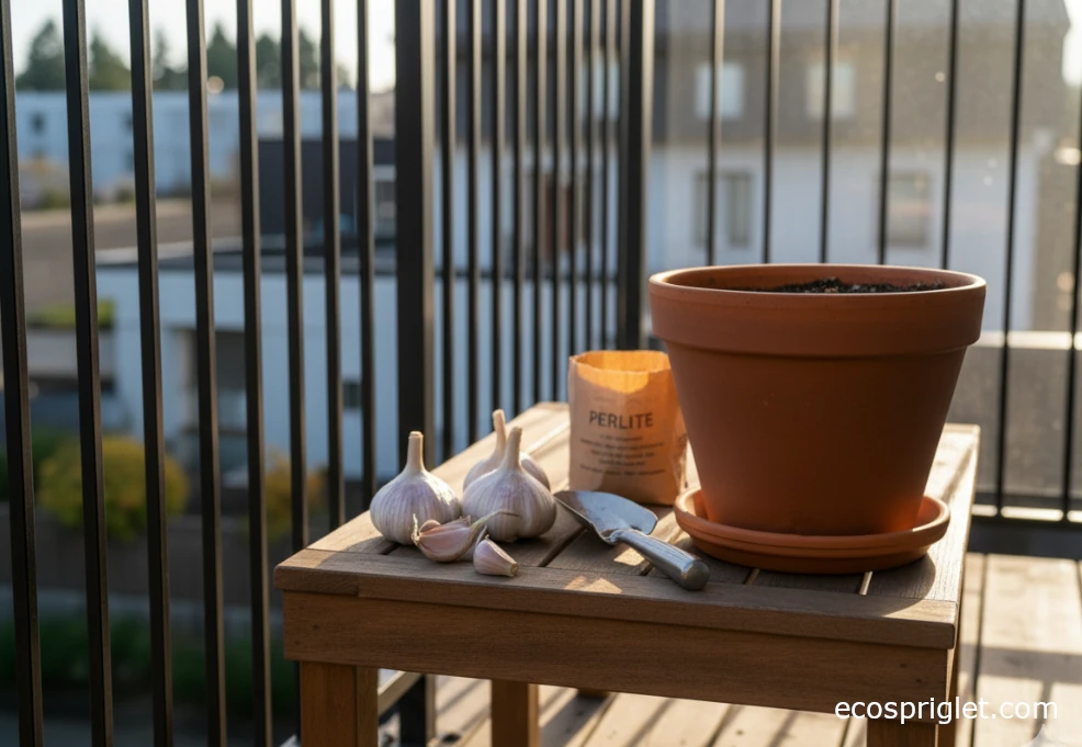 Garlic bulbs, cloves, and a deep terracotta pot with potting mix on a bench.