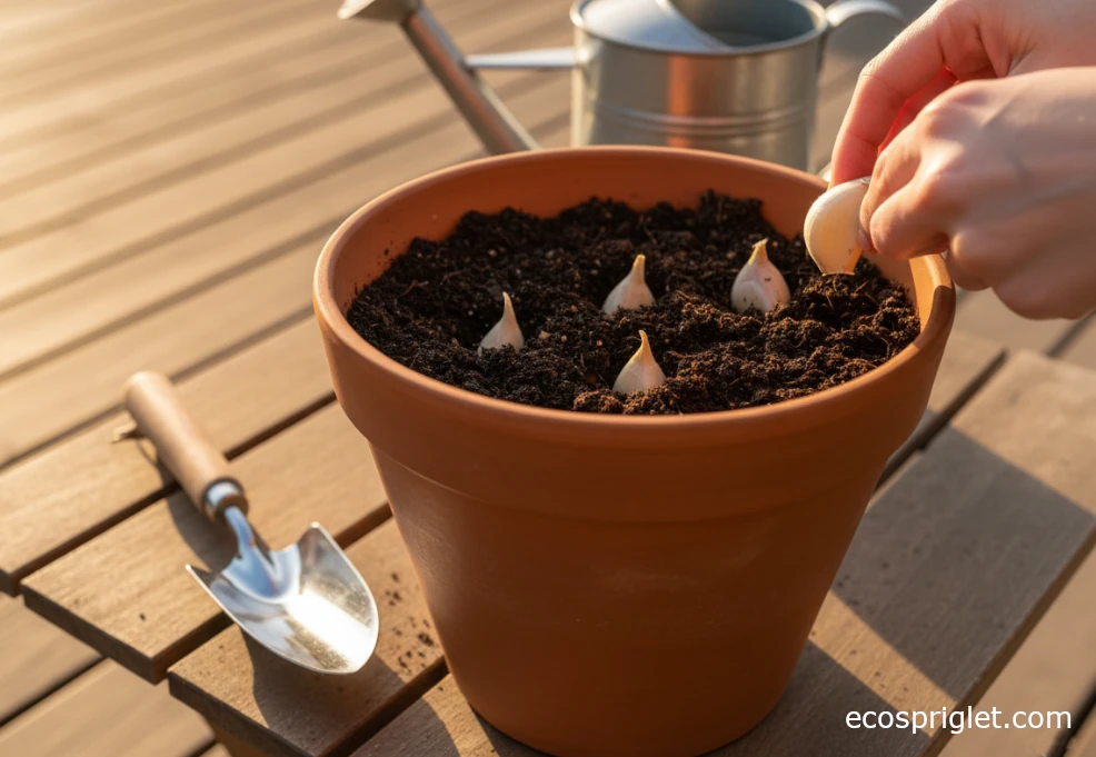 Garlic cloves being planted pointy side up in a deep terracotta pot.