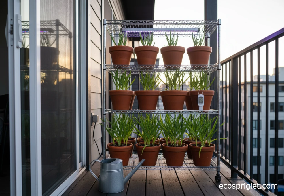 Garlic plants in terracotta pots under a small LED grow light on a terrace shelf.