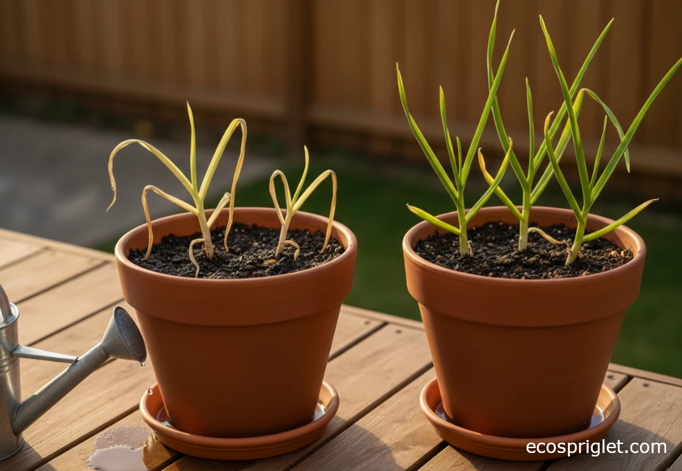 Overwatered garlic with yellow leaves beside a healthy green garlic pot on a terrace.