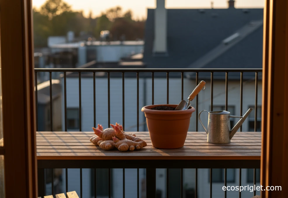 Plump ginger roots and a wide terracotta pot with potting mix on a wooden table.