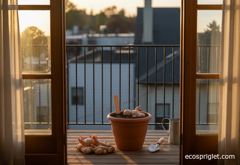 Ginger pieces being planted into a wide pot of potting mix near a bright window.
