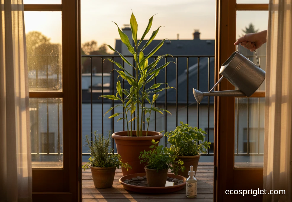 Watering a ginger plant in a terracotta pot with excess water draining into a saucer.