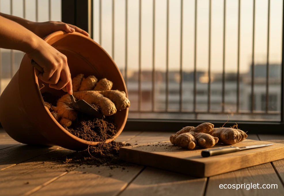 Fresh ginger rhizomes on a wooden board beside the pot they were just harvested from.