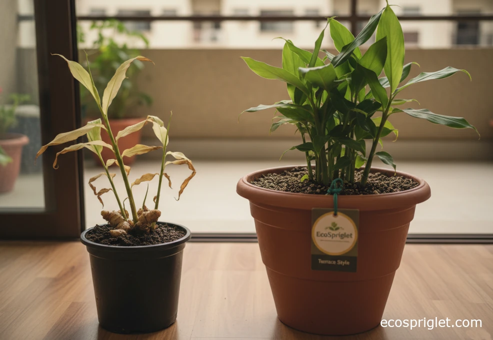 Yellowing ginger plant in a small soggy pot beside a healthy ginger in a larger terracotta pot.