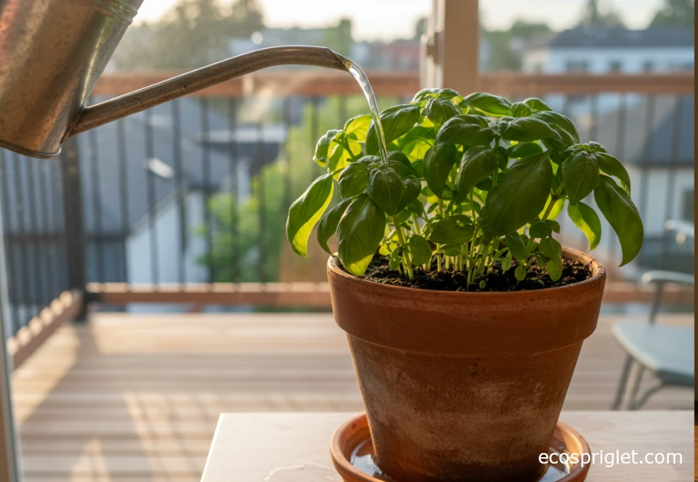 Watering a basil plant in a terracotta pot