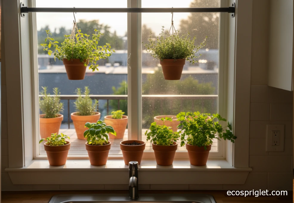 Hanging herb pots above a kitchen sink with more herbs on the windowsill and terrace outside.