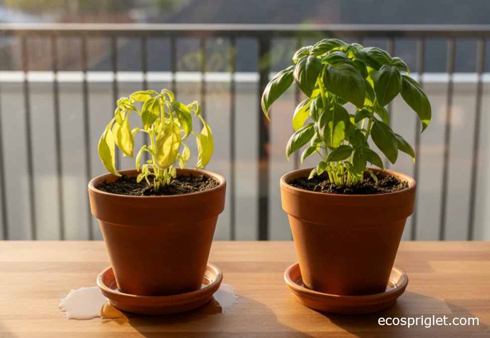 Comparison of a wilted overwatered basil plant and a healthy basil plant 