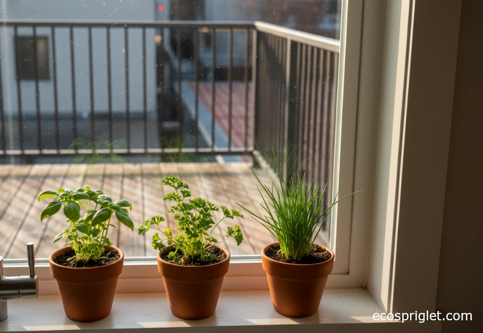 Terracotta pots of basil, parsley, and chives on a sunny kitchen windowsill 