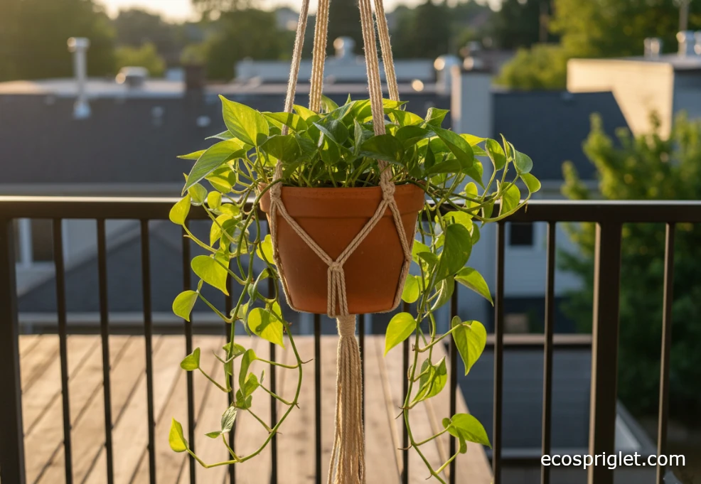 Macrame plant hanger with a trailing houseplant hanging from a small apartment balcony railing at golden hour.