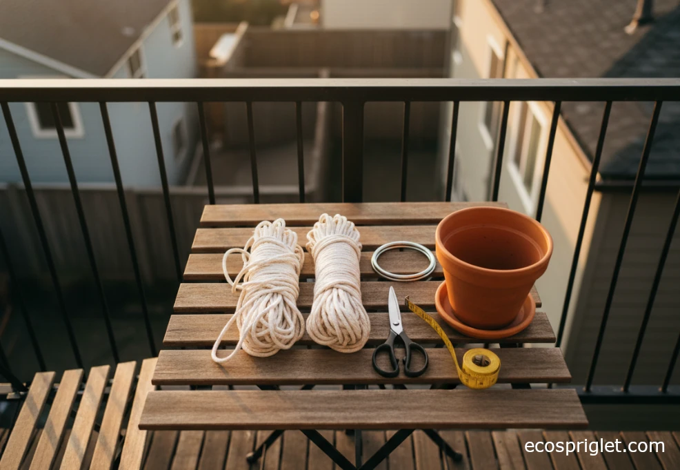 Close-up of cotton macrame cord, metal ring, scissors, and a terracotta potted plant laid out on a small balcony table.