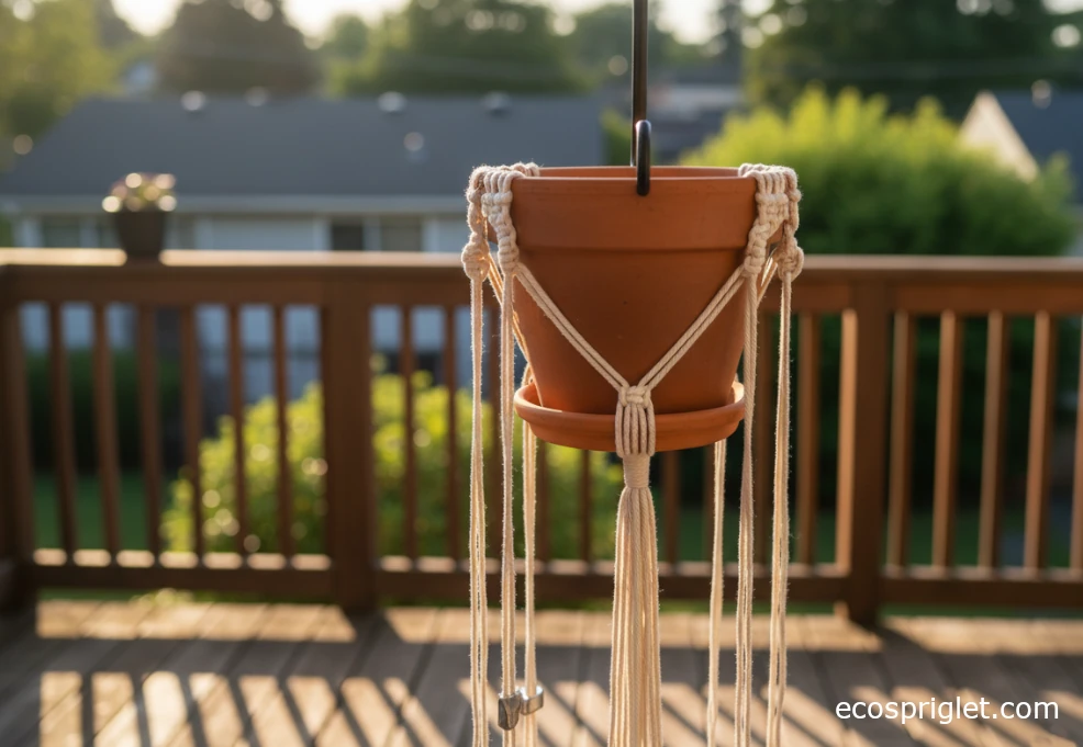 Half-finished macrame plant hanger hanging from a balcony hook with a terracotta pot resting in the cords.