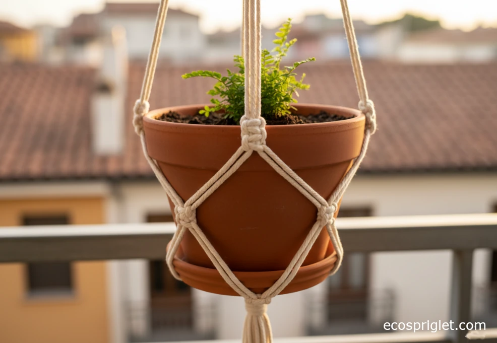 Close view from below of a macrame hanger cradling a terracotta pot, showing evenly spaced knots and cords.