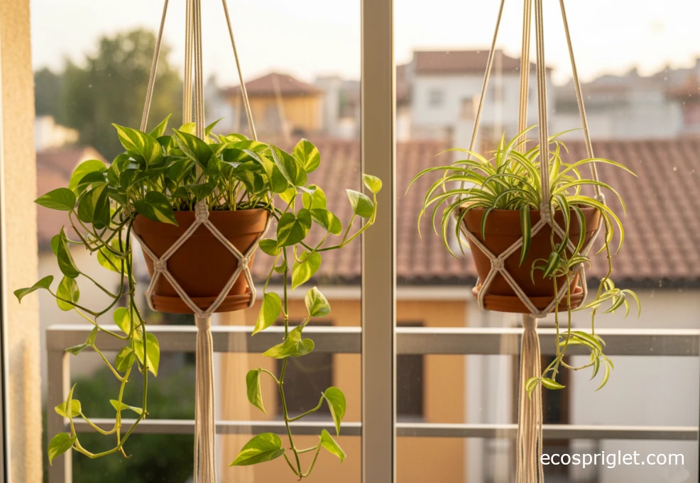 Trailing pothos and spider plant in macrame hangers near a bright apartment window.