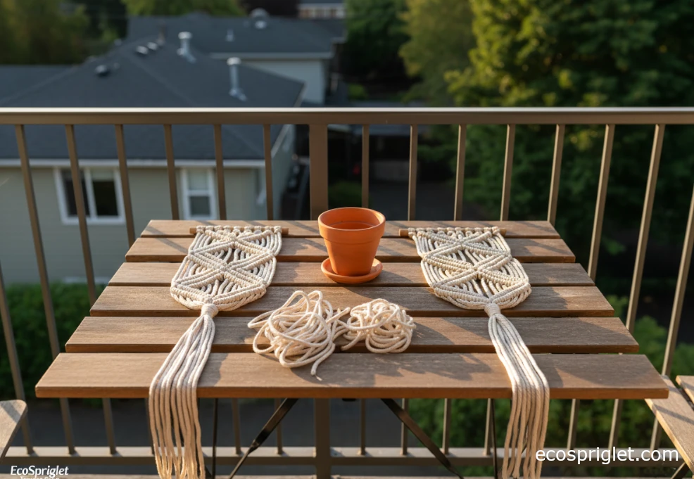 Uneven macrame hanger with cords at different lengths next to a neater, corrected hanger on a balcony table.