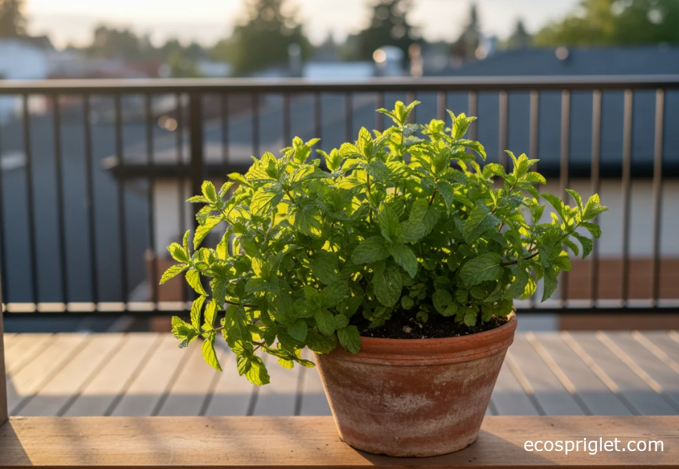 Healthy green mint plant growing in a terracotta pot 
