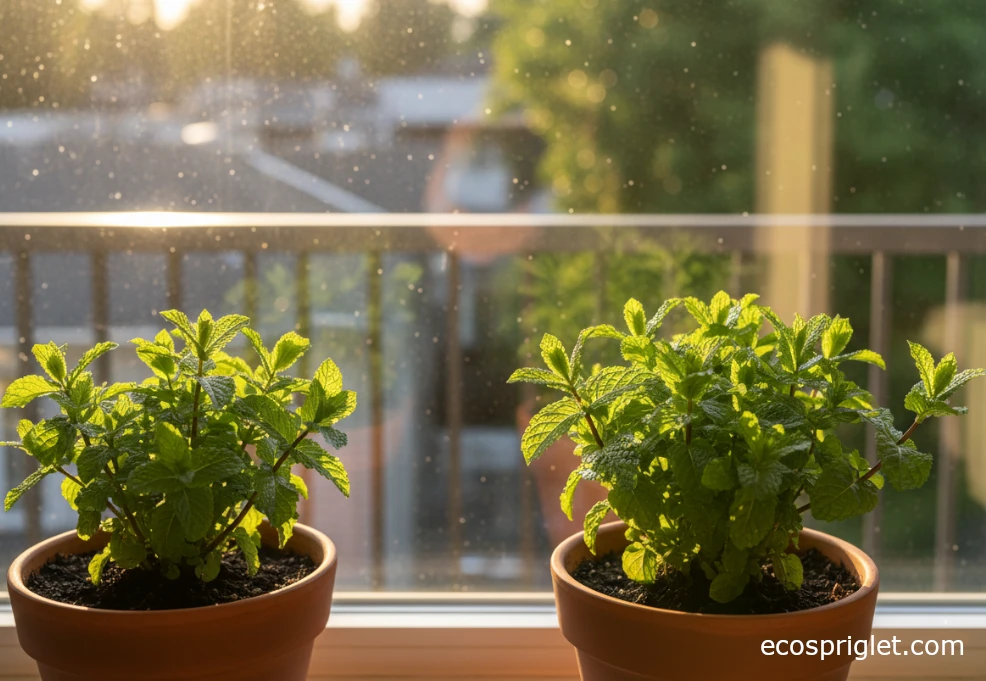 Indoor mint pots on a bright south-facing window