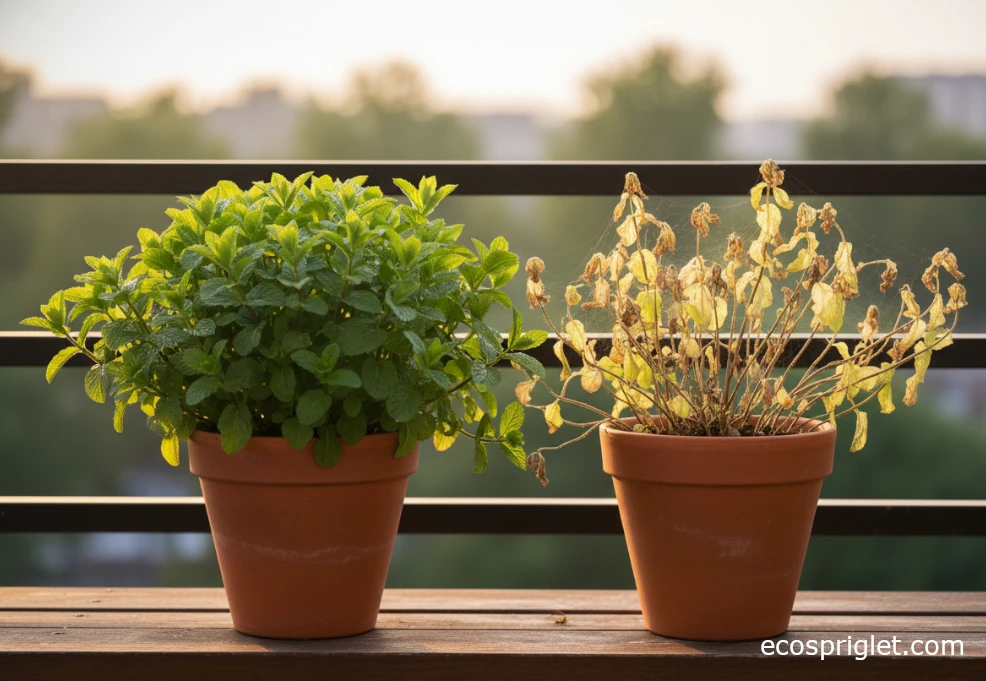 Indoor mint plant with some yellowing leaves next to a healthy green mint pot for comparison.