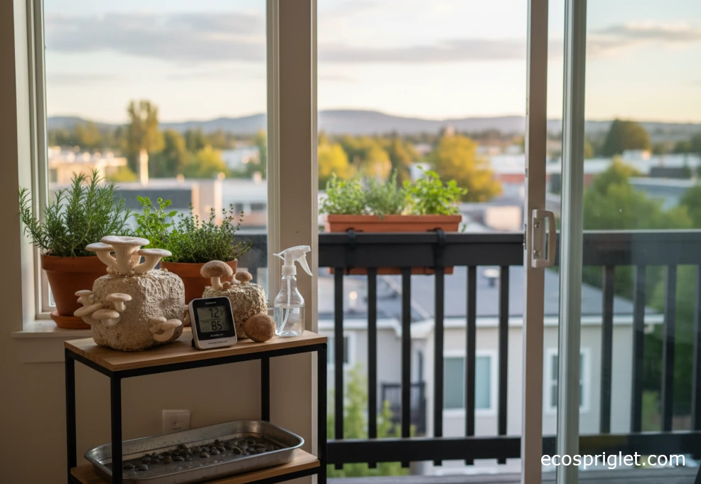 Compact apartment corner with a shelving unit holding mushroom grow blocks, a hygrometer, and potted plants near a window.