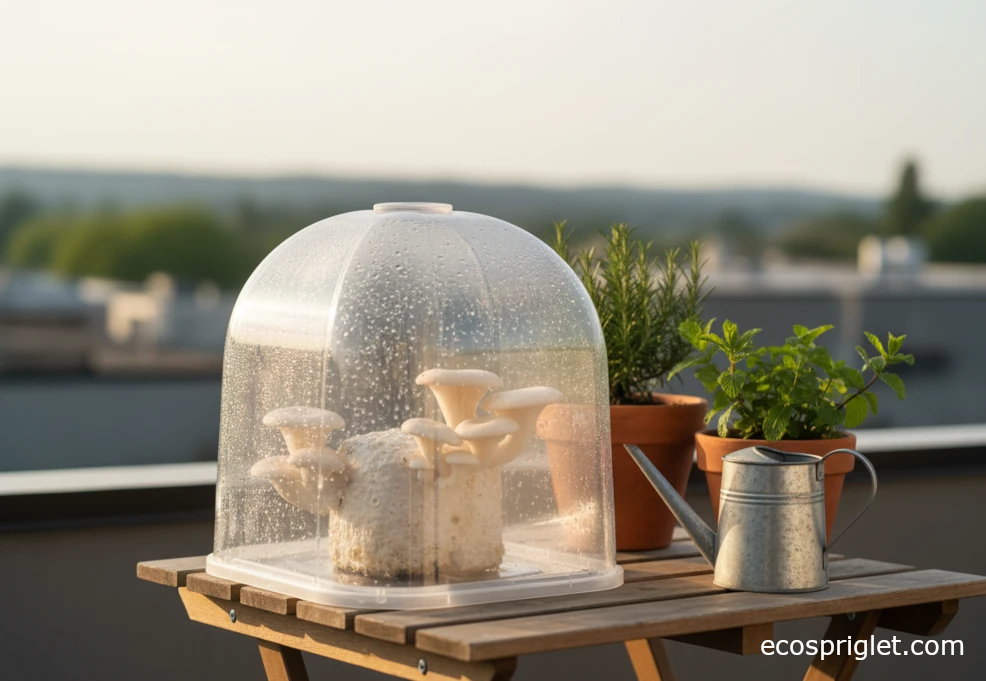 Close-up of misting a mushroom block inside a clear plastic humidity tent on a small terrace table.