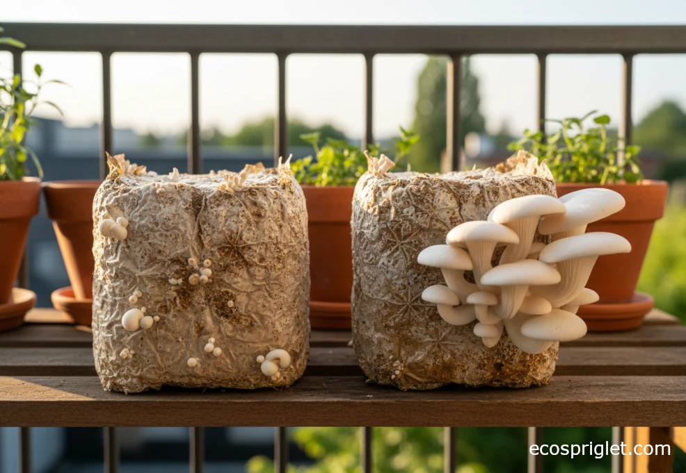 Mushroom block with cracked, dried surface on a shelf beside healthy blocks on a terrace.
